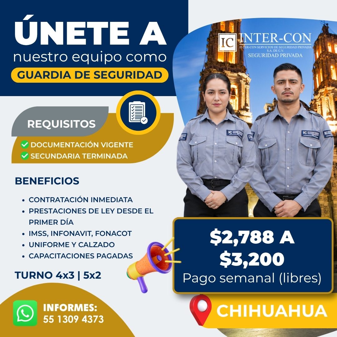 Banner del anuncio de la vacante: ÚNETE A · nuestro equipo como · GUARDIA DE SEGURIDAD · IC · NTER-CON · INTER-CON SERVICIOS DE SEGURIDAD PRIVADA · S.A. DE C.V. · SEGURIDAD P