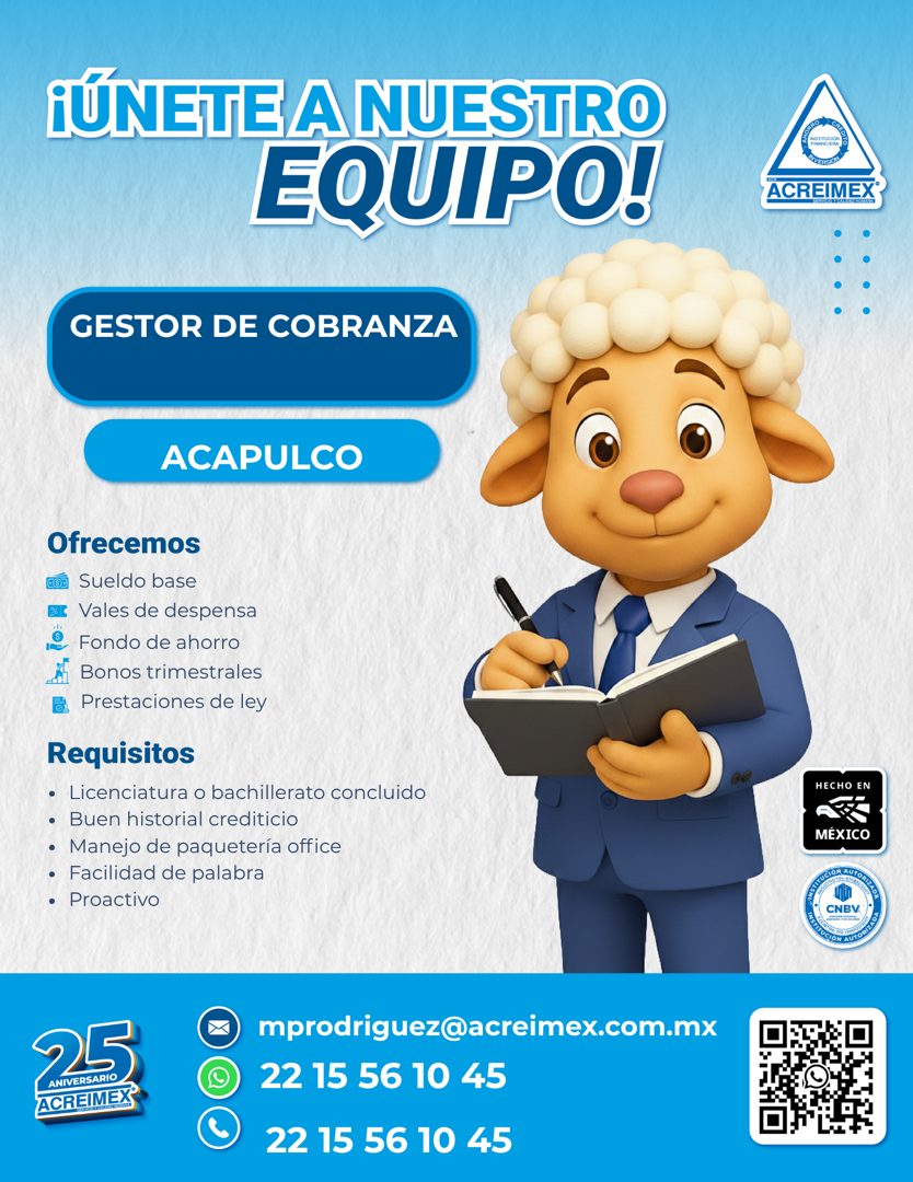 Banner del anuncio de la vacante: ¡UNETE A NUESTRO · EQUIPO! · ACREIMEX · GESTOR DE COBRANZA · ACAPULCO · Ofrecemos · co Sueldo base · & Vales de despensa · • Fondo de ahorro