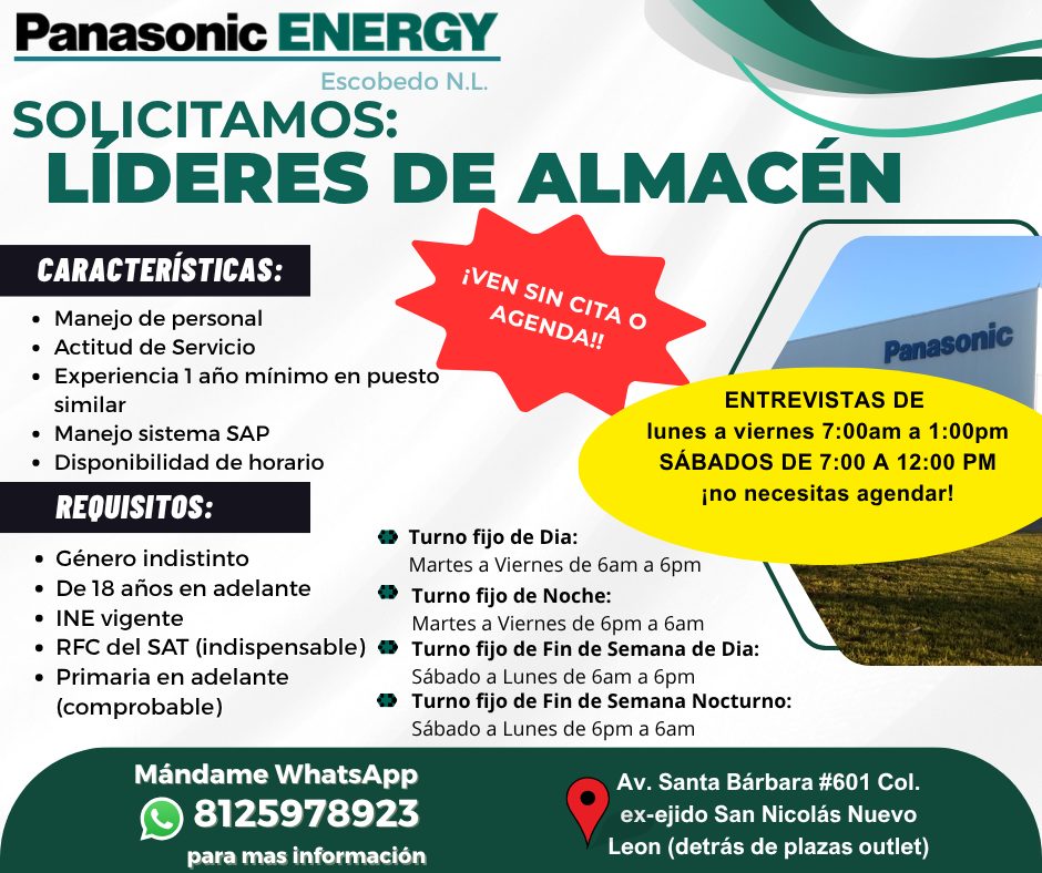 Banner del anuncio de la vacante: Panasonic ENERGY · Escobedo N.L. · SOLICITAMOS: · LÍDERES DE ALMACÉN · CARACTERÍSTICAS: · • Manejo de personal · ¡VEN SIN CITA O · • Actitud