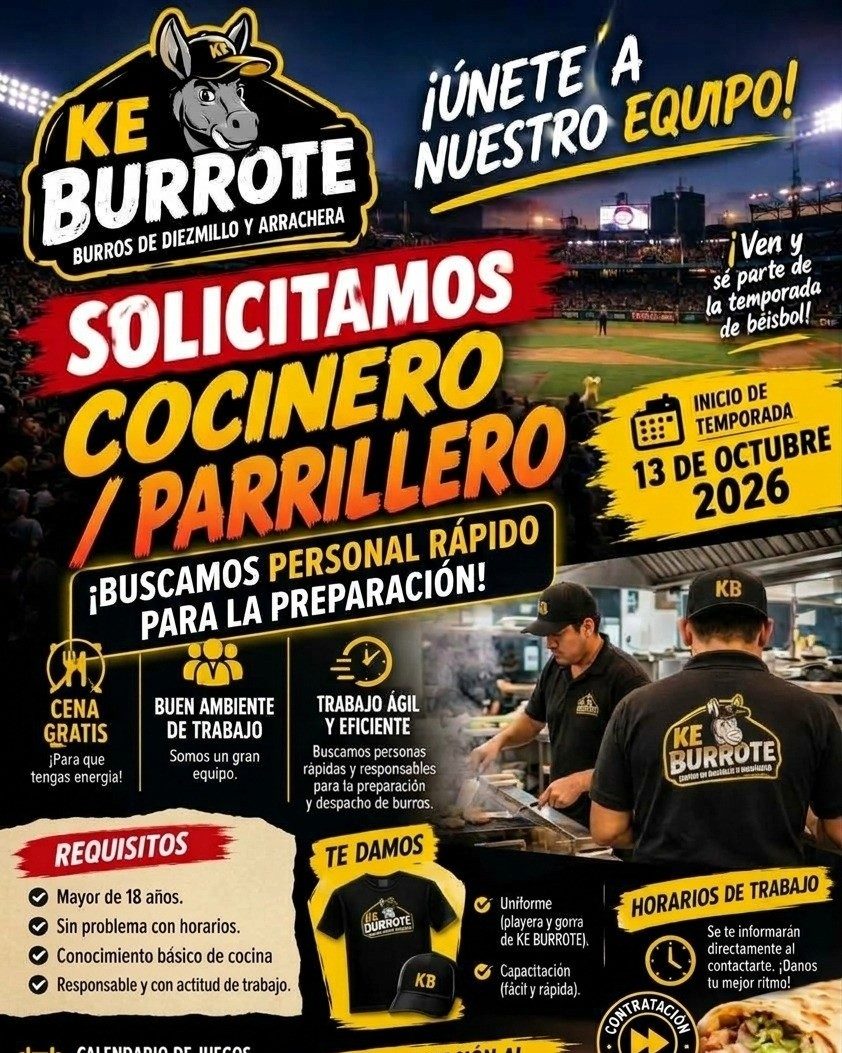 Banner del anuncio de la vacante: KE · BURROTE · BURROS DE DIEZMILLO Y ARRACHERA · SOLICITAMOS · COCINERO · / PARRILLERO · ¡BUSCAMOS PERSONAL RÁPIDO · PARA LA PREPARACIÓN! · 