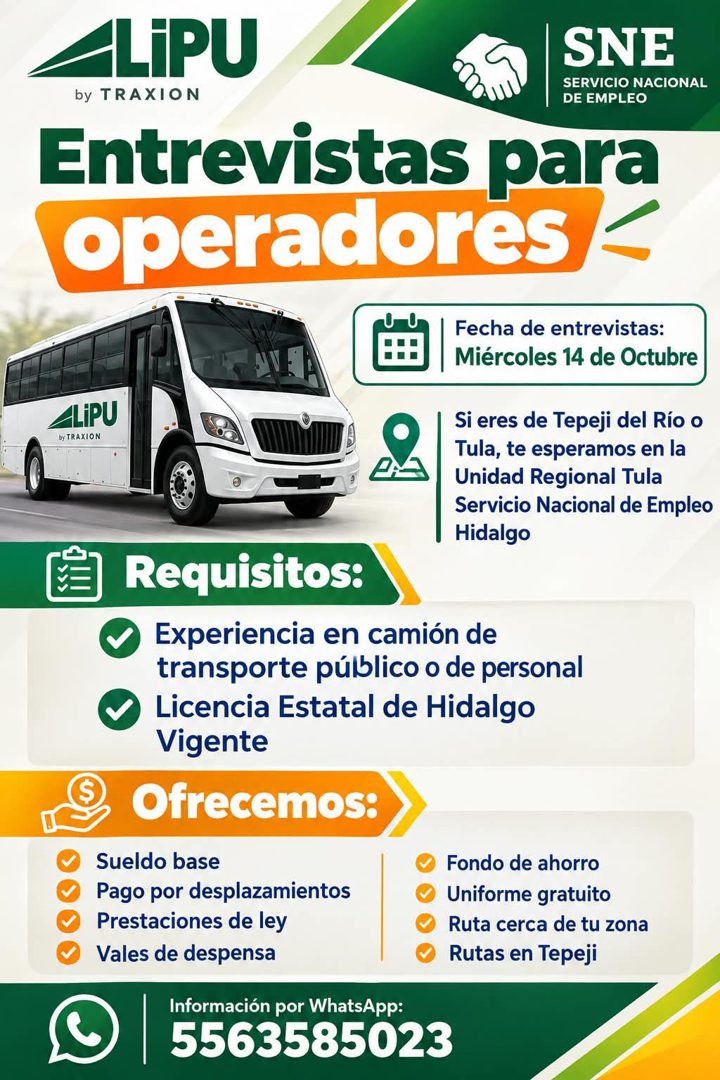 Banner del anuncio de la vacante: LiPU · SNE · SERVICIO NACIONAL · by TRAXION · DE EMPLEO · Entrevistas para · operadores · Fecha de entrevistas: · ALIPU · by TRAXION · Si er