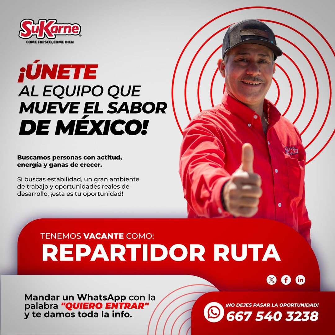Banner del anuncio de la vacante: SiKarne · COME FRESCO, COME BIEN · ¡ÚNETE · AL EQUIPO QUE · MUEVE EL SABOR · DE MÉXICO! · Buscamos personas con actitud, · energía y ganas d