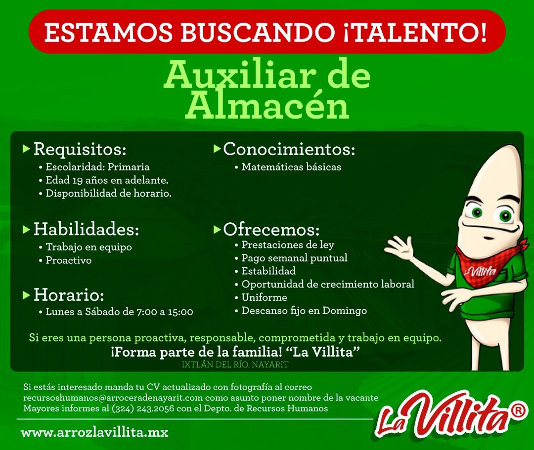 Banner del anuncio de la vacante: ESTAMOS BUSCANDO iTALENTO! · Auxiliar de · Almacén · •Conocimientos: · • Matemáticas básicas · • Requisitos: · • Escolaridad: Primaria · • E