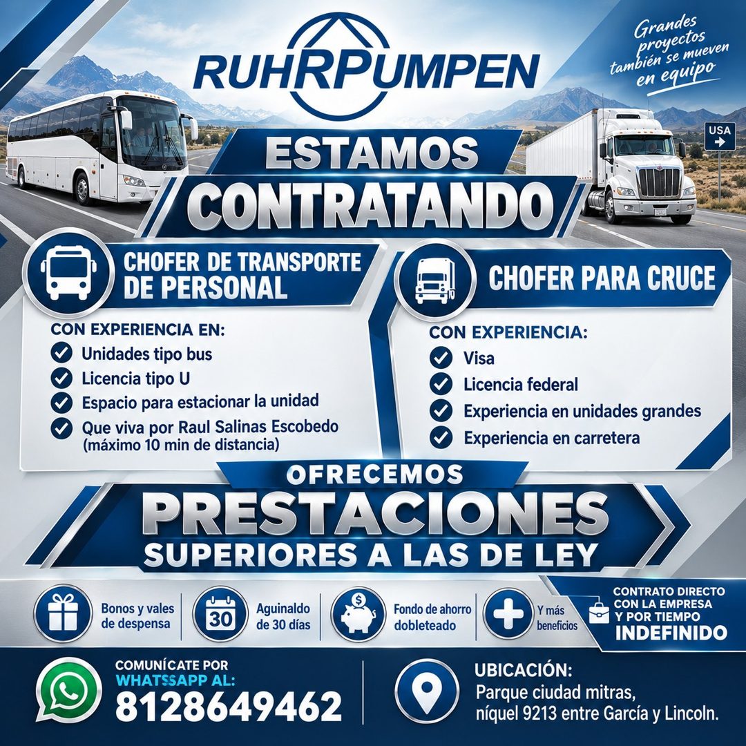 Banner del anuncio de la vacante: RUHRPUMPEN · Grandes · proyecios · también se mueven · en equipo · ESTAMOS · CONTRATANDO · USA · → · CHOFER DE TRANSPORTE · DE PERSONAL · CH