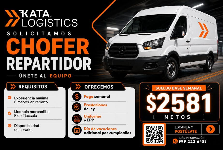 Banner del anuncio de la vacante: KATA · LOGISTICS · SOLICITAMOS · CHOFER · REPARTIDOR · — ÚNETE AL EQUIPO · REQUISITOS · Experiencia mínima · 6 meses en reparto · Licencia m