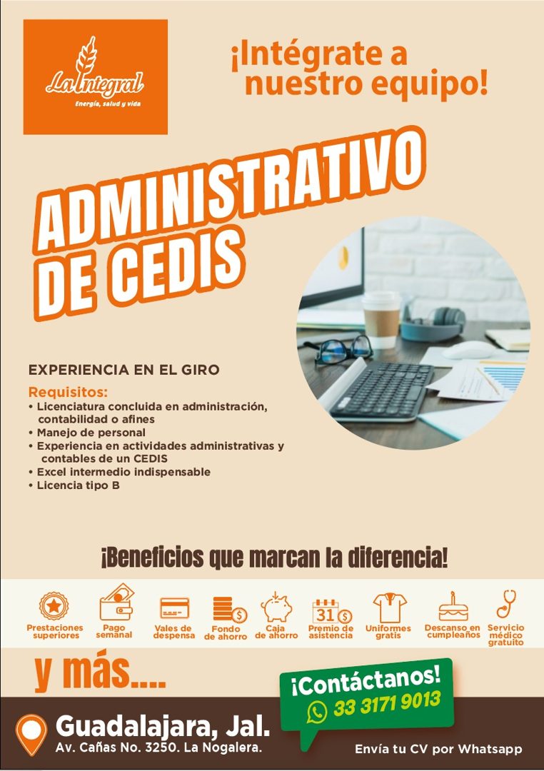Banner del anuncio de la vacante: Lalniegral · Energía, salud y vida · ¡Intégrate a · nuestro equipo! · ADMINISTRATIVO · DE CEDIS · EXPERIENCIA EN EL GIRO · Requisitos: · • L
