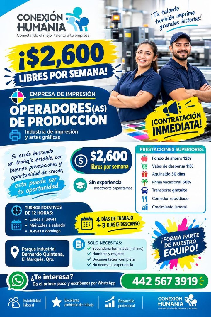 Banner del anuncio de la vacante: CONEXIÓN · HUMANIA · Conectando el mejor talento a tu empresa · i$2,600 · LIBRES POR SEMANA! · EMPRESA DE IMPRESIÓN · OPERADORES(AS) · DE PR