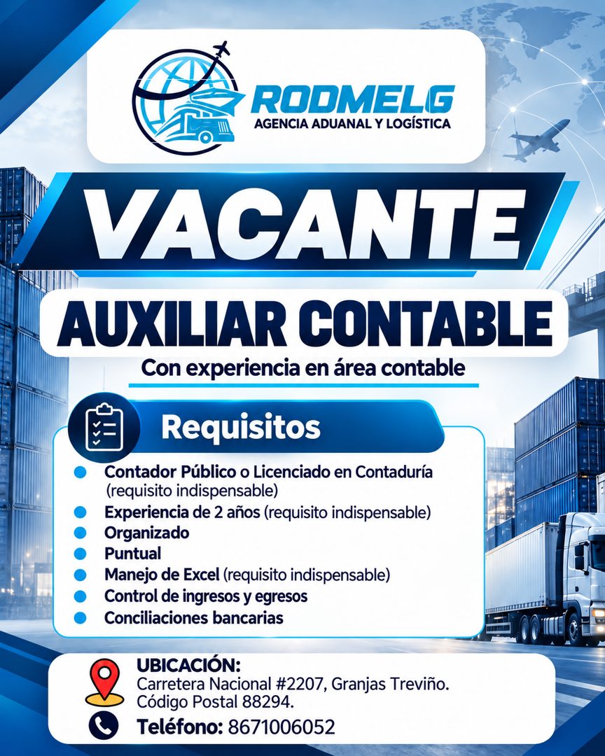 Banner del anuncio de la vacante: RODMELG · AGENCIA ADUANAL Y LOGÍSTICA · VACANTE · AUXILIAR CONTABLE · Con experiencia en área contable · Requisitos · Contador Público o Lic