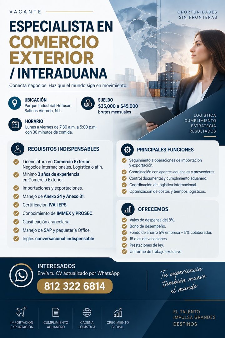 Banner del anuncio de la vacante: VACANTE · ESPECIALISTA EN · COMERCIO · EXTERIOR · / INTERADUANA · Conecta negocios. Haz que el mundo siga en movimiento. · UBICACIÓN · Parqu