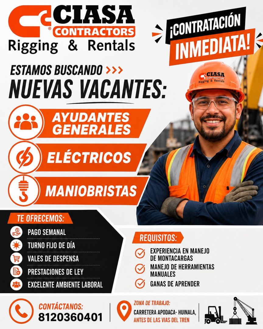 Banner del anuncio de la vacante: <¿CIASA · CONTRACTORS · Rigging & Rentals · ESTAMOS BUSCANDO >>> · NUEVAS VACANTES: · AYUDANTES · GENERALES · ELÉCTRICOS · ¡CONTRATACIÓN · I