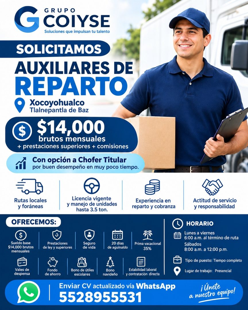 Banner del anuncio de la vacante: GRUPO · G COiYSE · Soluciones que impulsan tu talento · SOLICITAMOS · AUXILIARES DE · REPARTO · • Xocoyohualco · Tlalnepantla de Baz · $14,0