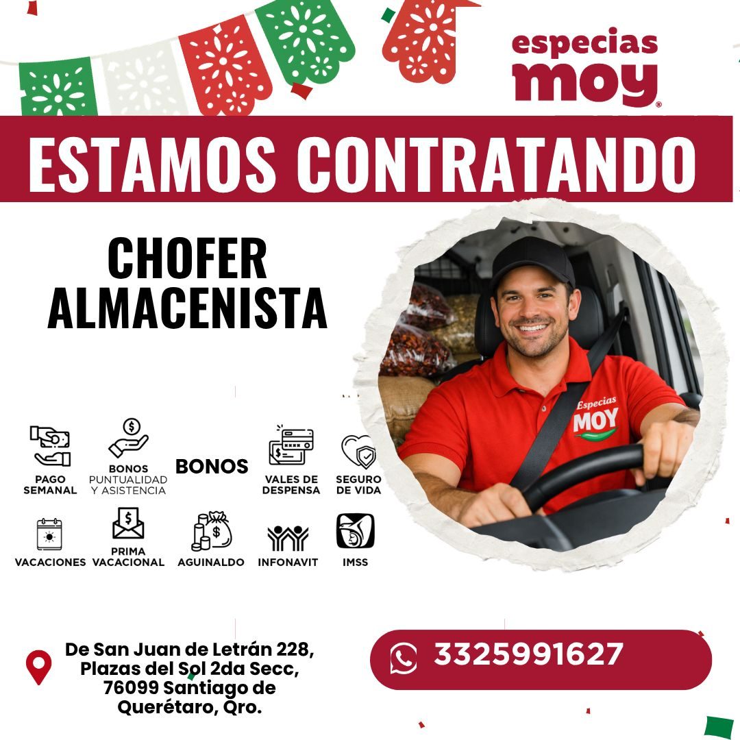 Banner del anuncio de la vacante: especias · moy. · ESTAMOS CONTRATANDO · CHOFER · ALMACENISTA · Especias · MOY · PAGO · SEMANAL · BONOS · PUNTUALIDAD · Y ASISTENCIA · BONOS 