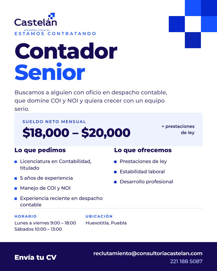 Banner del anuncio de la vacante: Castelan · ASESORES FISCALES · ESTAMOS CONTRATANDO · Contador · Senior · Buscamos a alguien con oficio en despacho contable, · que domine CO