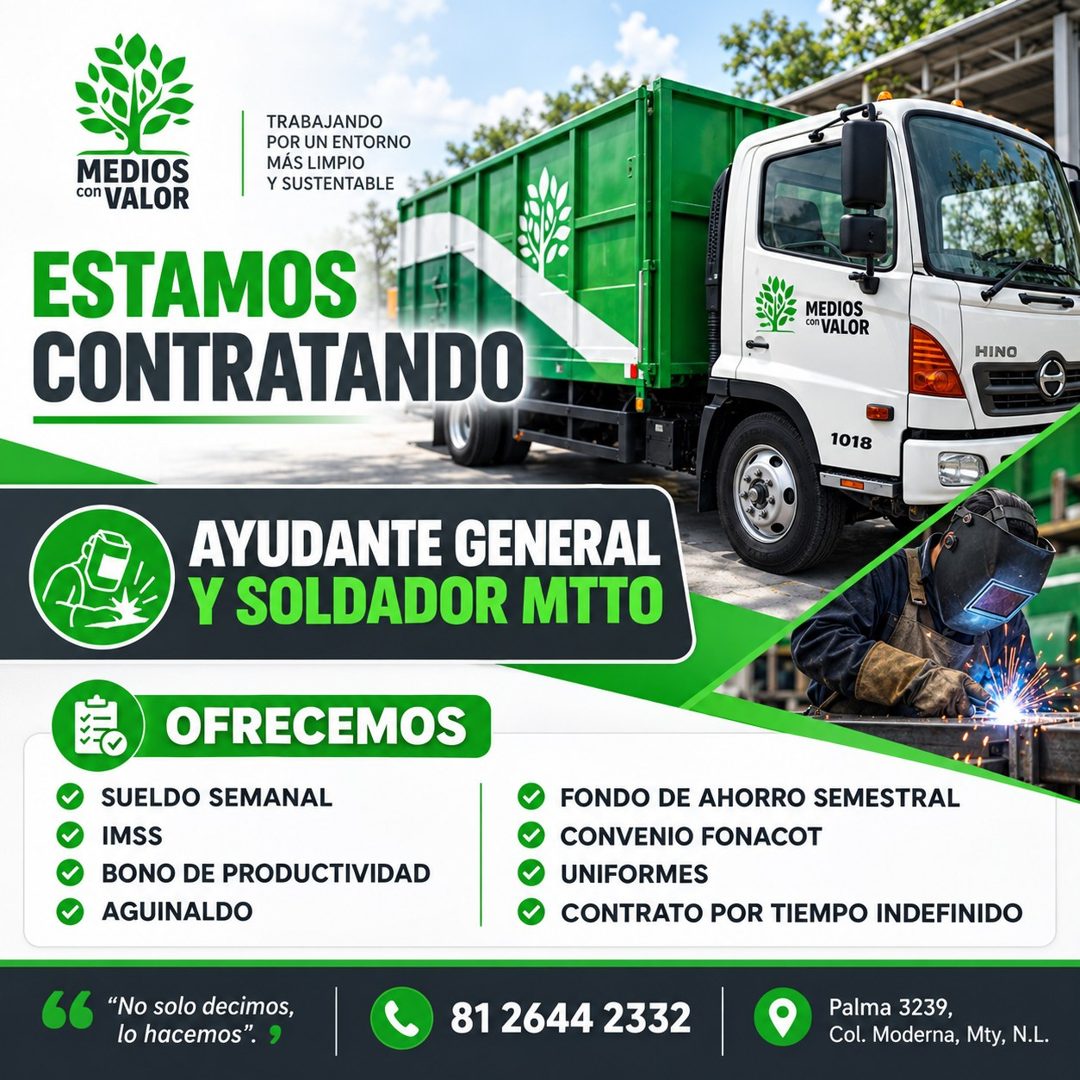 Banner del anuncio de la vacante: TRABAJANDO · POR UN ENTORNO · MÁS LIMPIO · Y SUSTENTABLE · MEDIOS · con VALOR · ESTAMOS · CONTRATANDO · MEDIOS · COn VALOR · HINO · 1018 · A