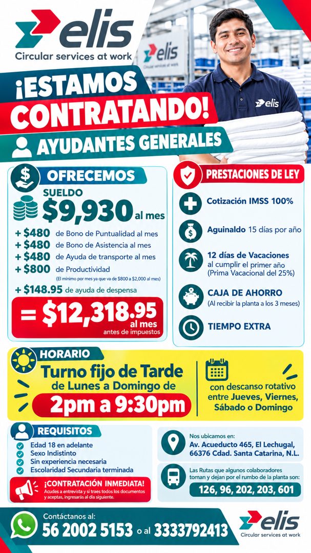 Banner del anuncio de la vacante: Belis · Circular services at work · elis · ¡ESTAMOS · CONTRATANDO! · AYUDANTES GENERALES · ≥elis · OFRECEMOS · SUELDO · $9,930 al mes · + $4