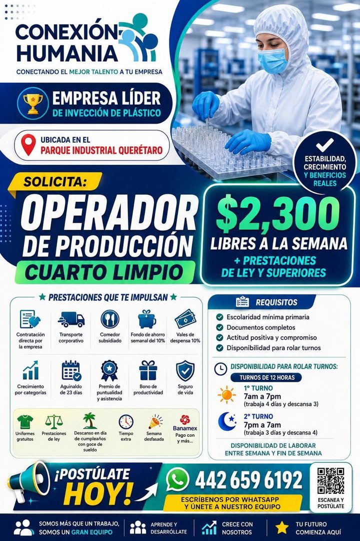 Banner del anuncio de la vacante: CONEXIÓN- · HUMANIA · CONECTANDO EL MEJOR TALENTO A TU EMPRESA · EMPRESA LÍDER · DE INVECCIÓN DE PLÁSTICO · UBICADA EN EL · PARQUE INDUSTRIA