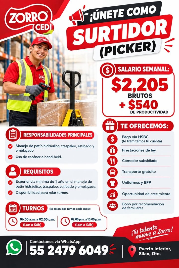 Banner del anuncio de la vacante: ZORRO® · CEDI · ZORRO · RESPONSABILIDADES PRINCIPALES · Manejo de patín hidráulico, traspaleo, estibado y · emplayado. · Uso de escáner o ha