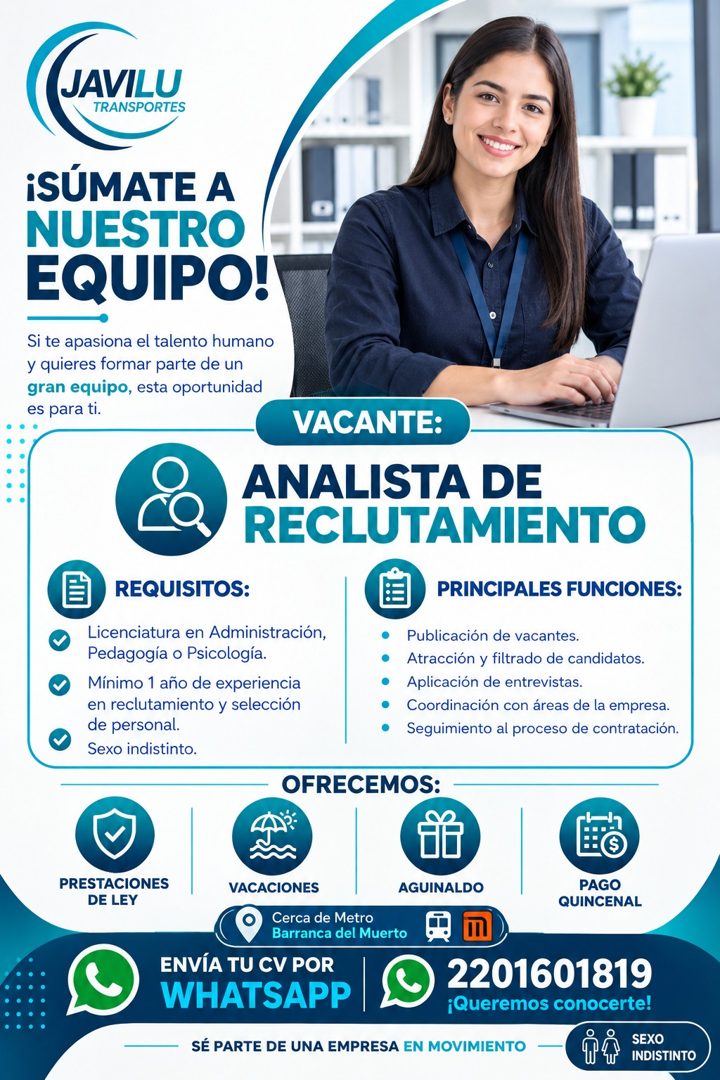 Banner del anuncio de la vacante: JAVILU · TRANSPORTES · ¡SÚMATE A · NUESTRO · EQUIPO! · Si te apasiona el talento humano · y quieres formar parte de un · gran equipo, esta o