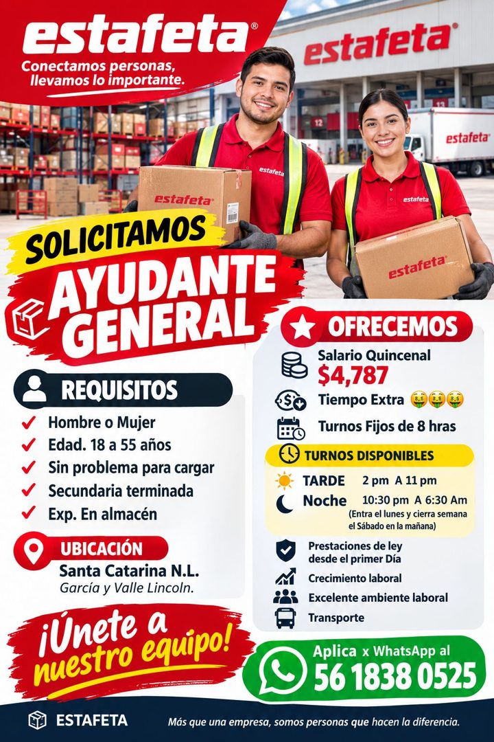 Banner del anuncio de la vacante: estafeta® · Conectamos personas, · llevamos lo importante. · estafeta® · estafeta · estafeta · estafeta® · SOLICITAMOS · e AYUPANTE · GENERA