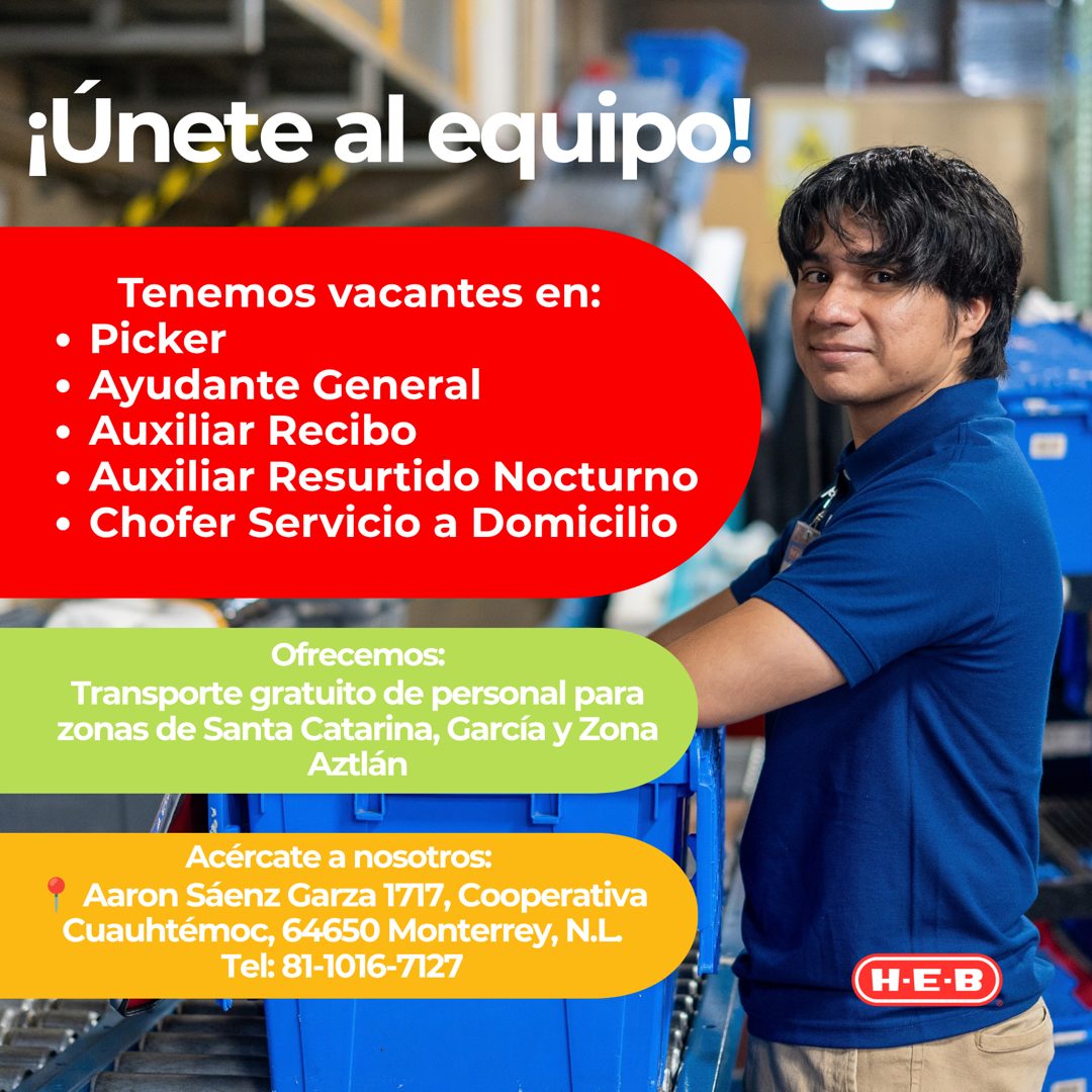 Banner del anuncio de la vacante: ¡Únete al equipo! · Tenemos vacantes en: · • Picker · • Ayudante General · • Auxiliar Recibo · • Auxiliar Resurtido Nocturno · • Chofer Serv