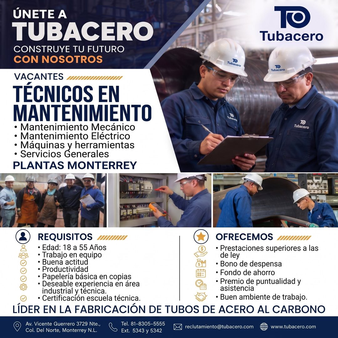 Banner del anuncio de la vacante: ÚNETE A · TUBACERO · CONSTRUYE TU FUTURO · CON NOSOTROS · VACANTES · TÉCNICOS EN · MANTENIMIENTO · • Mantenimiento Mecánico · • Mantenimient