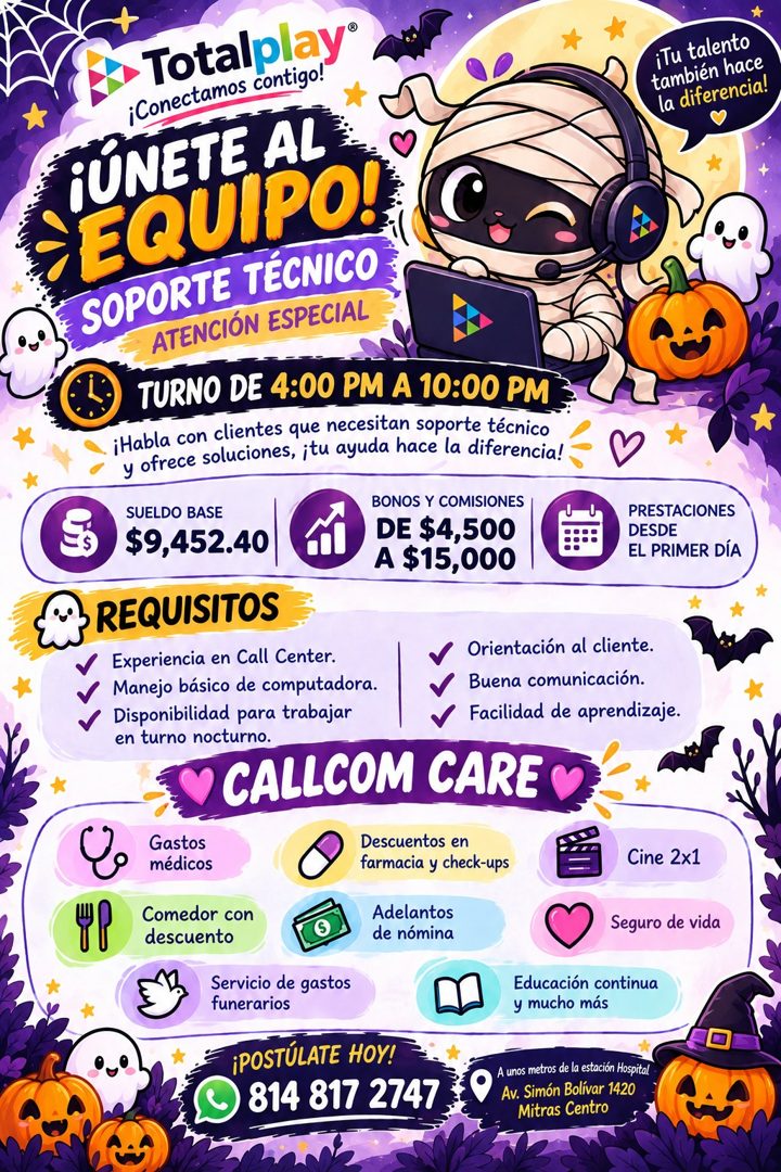 Banner del anuncio de la vacante: Totalplay® · ¡Conectamos contigo!' · ¡ÚNETE AL · EQUIPO! · SOPORTE TÉCNICO · ATENCIÓN ESPECIAL · iTu talento · también hace · la diferencia!