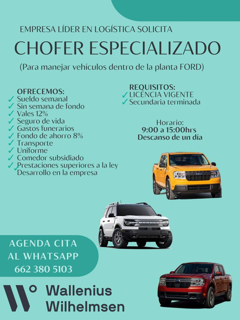 Banner del anuncio de la vacante: EMPRESA LÍDER EN LOGÍSTICA SOLICITA · CHOFER ESPECIALIZADO · (Para manejar vehículos dentro de la planta FORD) · OFRECEMOS: · Sueldo semanal