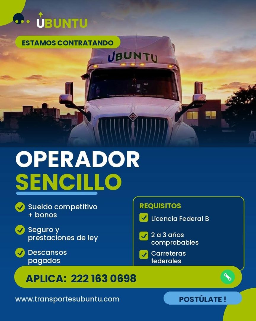 Banner del anuncio de la vacante: • · UBUNTU · ESTAMOS CONTRATANDO · UBUNTU · OPERADOR · SENCILLO · Sueldo competitivo · + bonos · Seguro y · prestaciones de ley · Descansos 