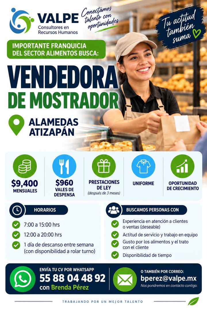 Banner del anuncio de la vacante: Conectamos · VALPE · talento con · Consultores en · oportunidades · Recursos Humanos · IMPORTANTE FRANQUICIA · DEL SECTOR ALIMENTOS BUSCA: ·
