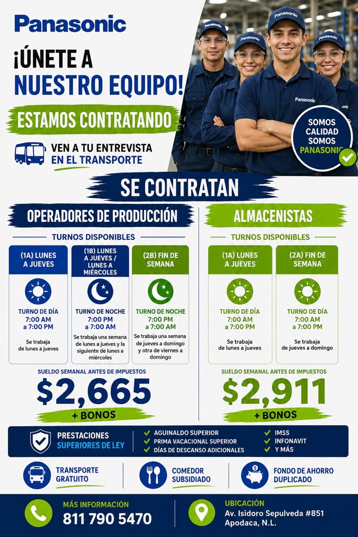 Banner del anuncio de la vacante: Panasonic · panasonte · ¡ÚNETE A · NUESTRO EQUIPO! · ESTAMOS CONTRATANDO · VEN A TU ENTREVISTA · EN EL TRANSPORTE · SE CONTRATAN · OPERADORE