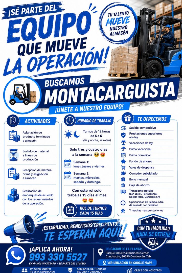 Banner del anuncio de la vacante: ¡SÉ PARTE DELE · EQUIPO · QUE MUEVE · LA OPERACIÓN! · TU TALENTO · MUEVE · NUESTRO · ALMACÉN · BUSCAMOS · MONTACARGUISTA · ¡ÚNETE A NUESTRO 