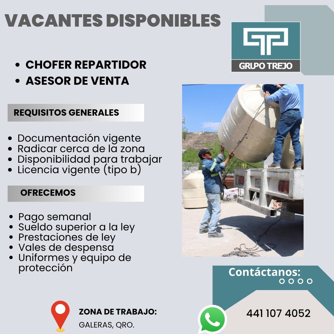 Banner del anuncio de la vacante: VACANTES DISPONIBLES · • CHOFER REPARTIDOR · • ASESOR DE VENTA · GRUPO TREJO · REQUISITOS GENERALES · • Documentación vigente · • Radicar ce