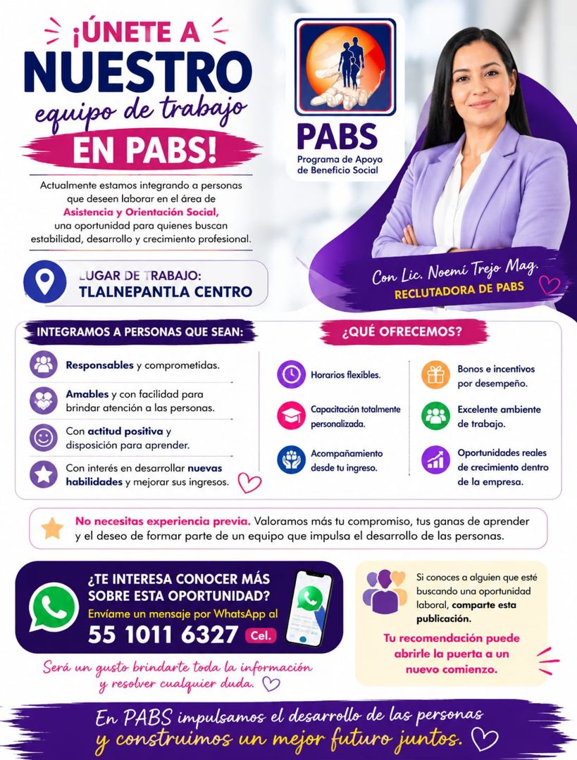 Banner del anuncio de la vacante: ¡ÚNETE A · NUESTRO · equipo de trabajo · EN PABS! · Actualmente estamos integrando a personas · que deseen laborar en el área de · Asistenci