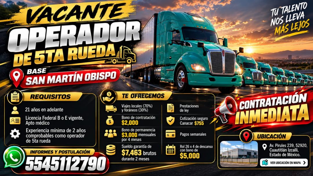 Banner del anuncio de la vacante: VACANTE · OPERADOR · DE STA RUEDA I · BASE · SAN MARTÍN OBISPO · REQUISITOS · TE OFRECEMOS · Viajes locales (70%) · 21 años en adelante · Li