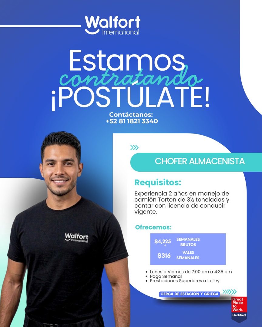 Banner del anuncio de la vacante: Wolfort · International · Estamos · contratando · ¡POSTULATE! · Contáctanos: · +52 81 1821 3340 · CHOFER ALMACENISTA · Walfort · /internatio