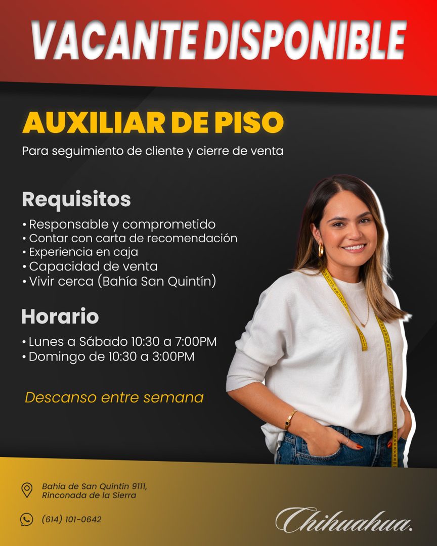 Banner del anuncio de la vacante: VACANTE DISPONIBLE · AUXILIAR DE PISO · Para seguimiento de cliente y cierre de venta · Requisitos · • Responsable y comprometido · • Contar