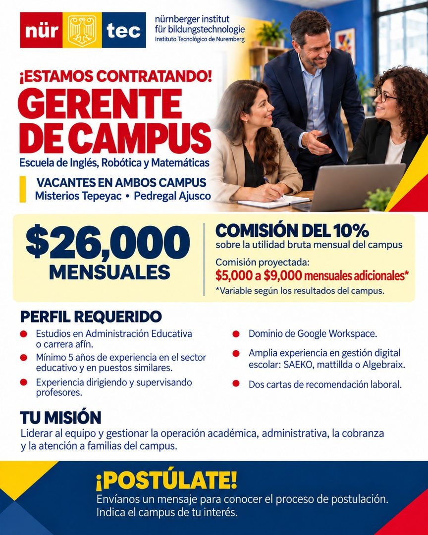 Banner del anuncio de la vacante: nür · tec · nürnberger institut · für bildungstechnologie · Instituto Tecnológico de Nuremberg · ¡ESTAMOS CONTRATANDO! · GERENTE · DE CAMPUS