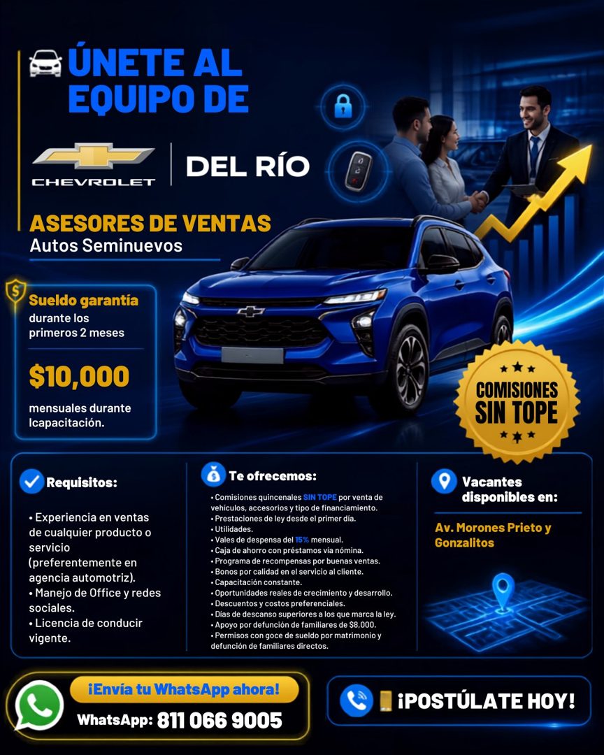 Banner del anuncio de la vacante: ÚNETE AL · EQUIPO DE · DEL RÍO · CHEVROLET · ASESORES DE VENTAS · Autos Seminuevos · Sueldo garantía · durante los · primeros 2 meses · $10,