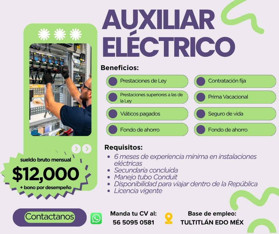 Banner del anuncio de la vacante: sueldo bruto mensual · $12,000 · + bono por desempeño · Contactanos · AUXILIAR · ELECTRICO · Beneficios: · Prestaciones de Ley · Contratació