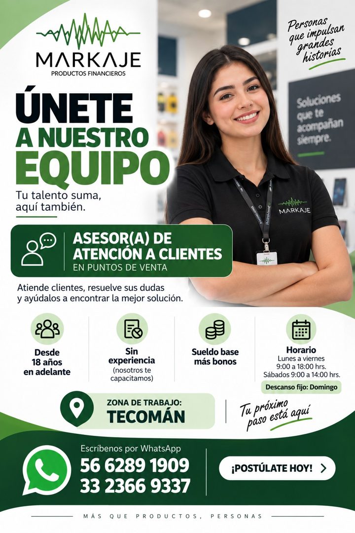 Banner del anuncio de la vacante: Personas · que impulsan · grandes · historias · MARKAJE · PRODUCTOS FINANCIEROS · ÚNETE · A NUESTRO · EQUIPO · Tu talento suma, · aquí tambi