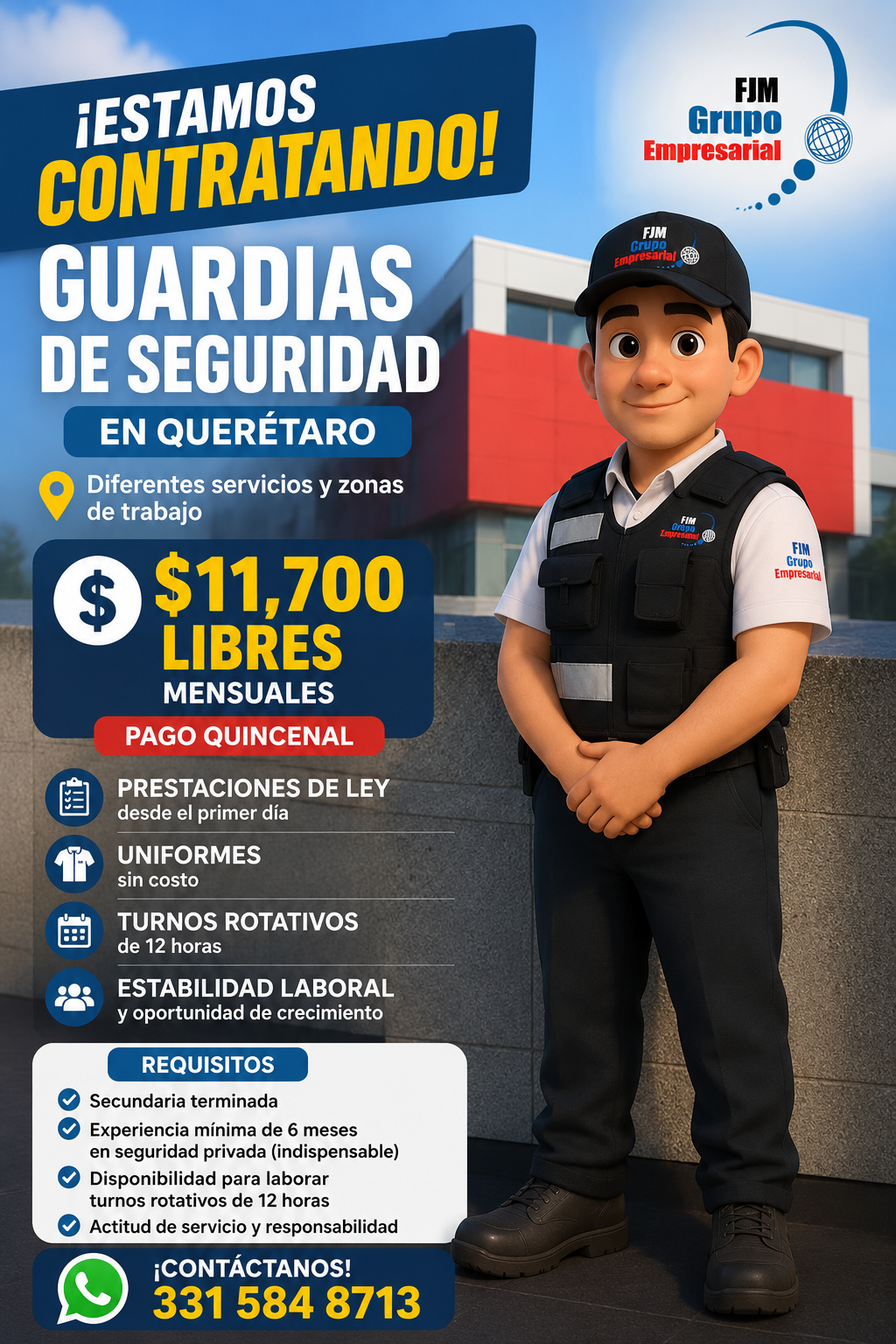 Banner del anuncio de la vacante: ¡ESTAMOS · CONTRATANDO! · GUARDIAS · DE SEGURIDAD · EN QUERÉTARO · Diferentes servicios y zonas · de trabajo · $ · $11,700 · LIBRES · MENSUA