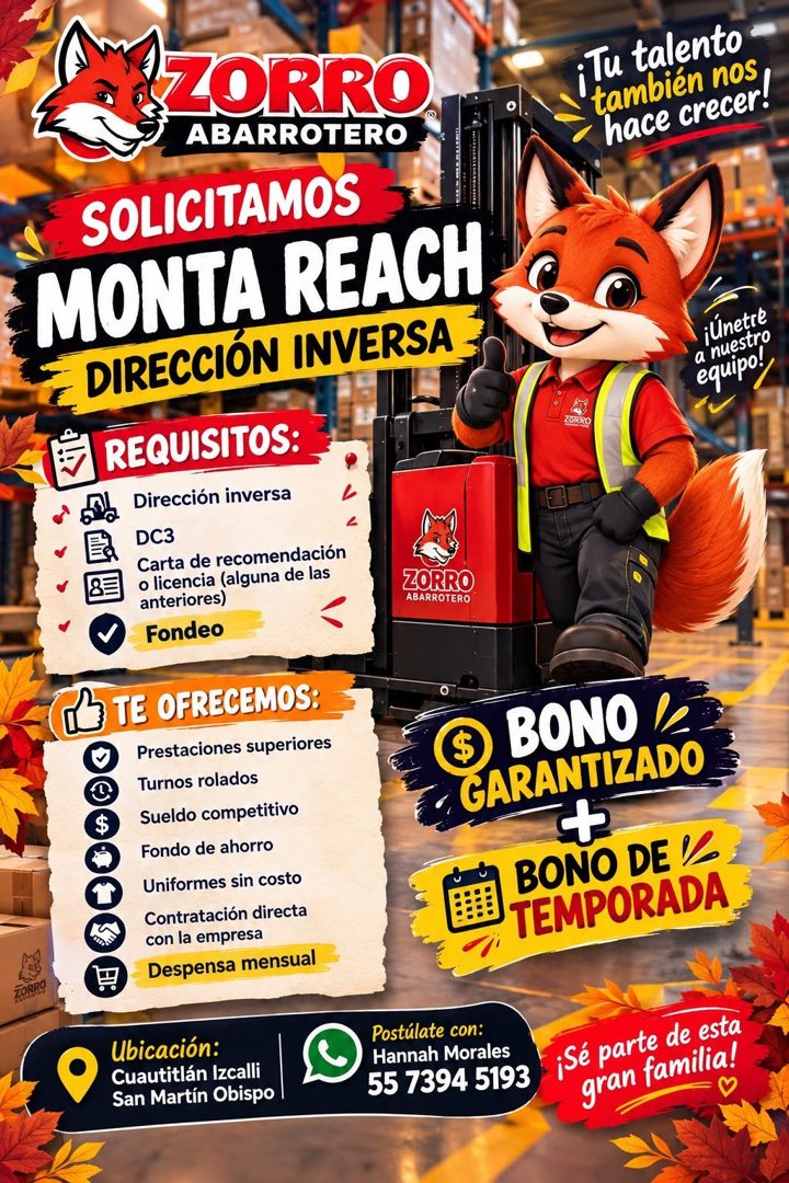 Banner del anuncio de la vacante: ZORRO · ABARROTERO · SOLICITAMOS · MONTA REACH · DIRECCIÓN INVERSA · REQUISITOS: · Dirección inversa · DC3 · Carta de recomendación · o lice