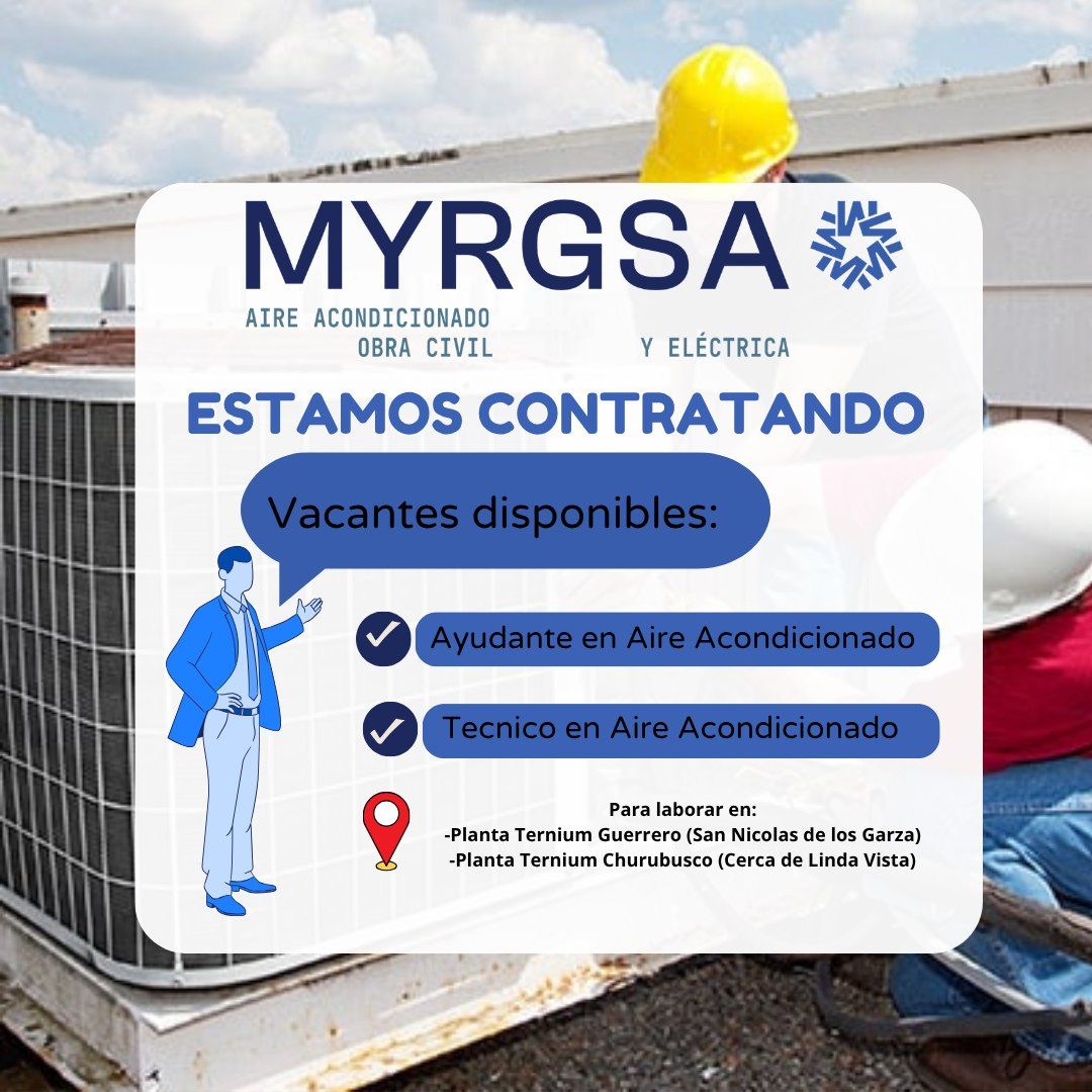 Banner del anuncio de la vacante: MYRGSA · AIRE ACONDICIONADO · OBRA CIVIL · Y ELÉCTRICA · ESTAMOS CONTRATANDO · Vacantes disponibles: · Ayudante en Aire Acondicionado · v Te