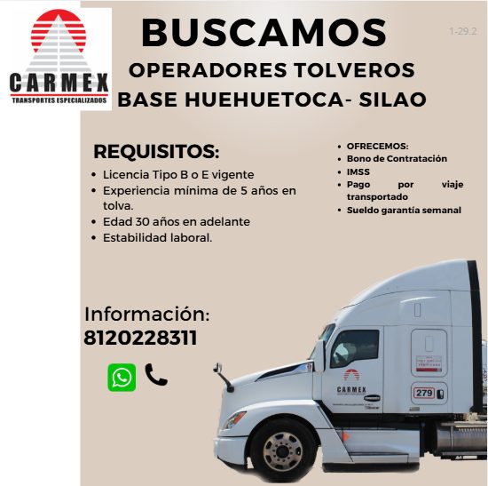 Banner del anuncio de la vacante: CARMEX · TRANSPORTES ESPECIALIZADOS · BUSCAMOS · OPERADORES TOLVEROS · BASE HUEHUETOCA- SILAO · 1-29.21 · REQUISITOS: · • Licencia Tipo B o 