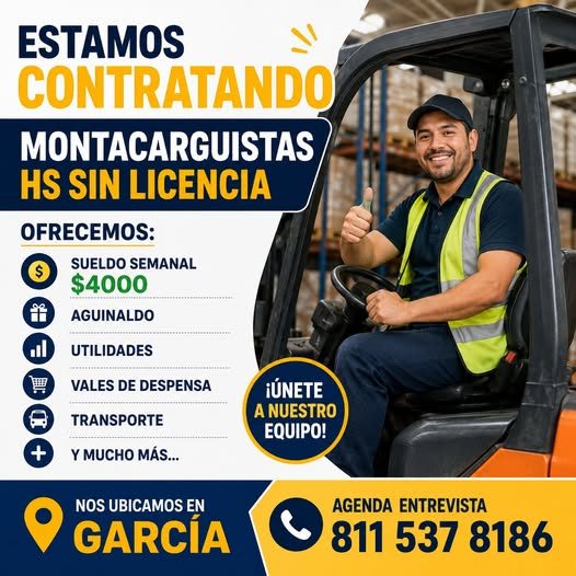 Banner del anuncio de la vacante: ESTAMOS · CONTRATANDO · MONTACARGUISTAS · HS SIN LICENCIA · OFRECEMOS: · SUELDO SEMANAL · $4000 · AGUINALDO · UTILIDADES · VALES DE DESPENSA