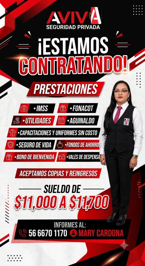 Banner del anuncio de la vacante: AVIVA · SEGURIDAD PRIVADA · ¡ESTAMOS · CONTRATANDO! · PRESTACIONES · • IMSS · • FONACOT · • UTILIDADES · • AGUINALDO · • CAPACITACIONES Y UN