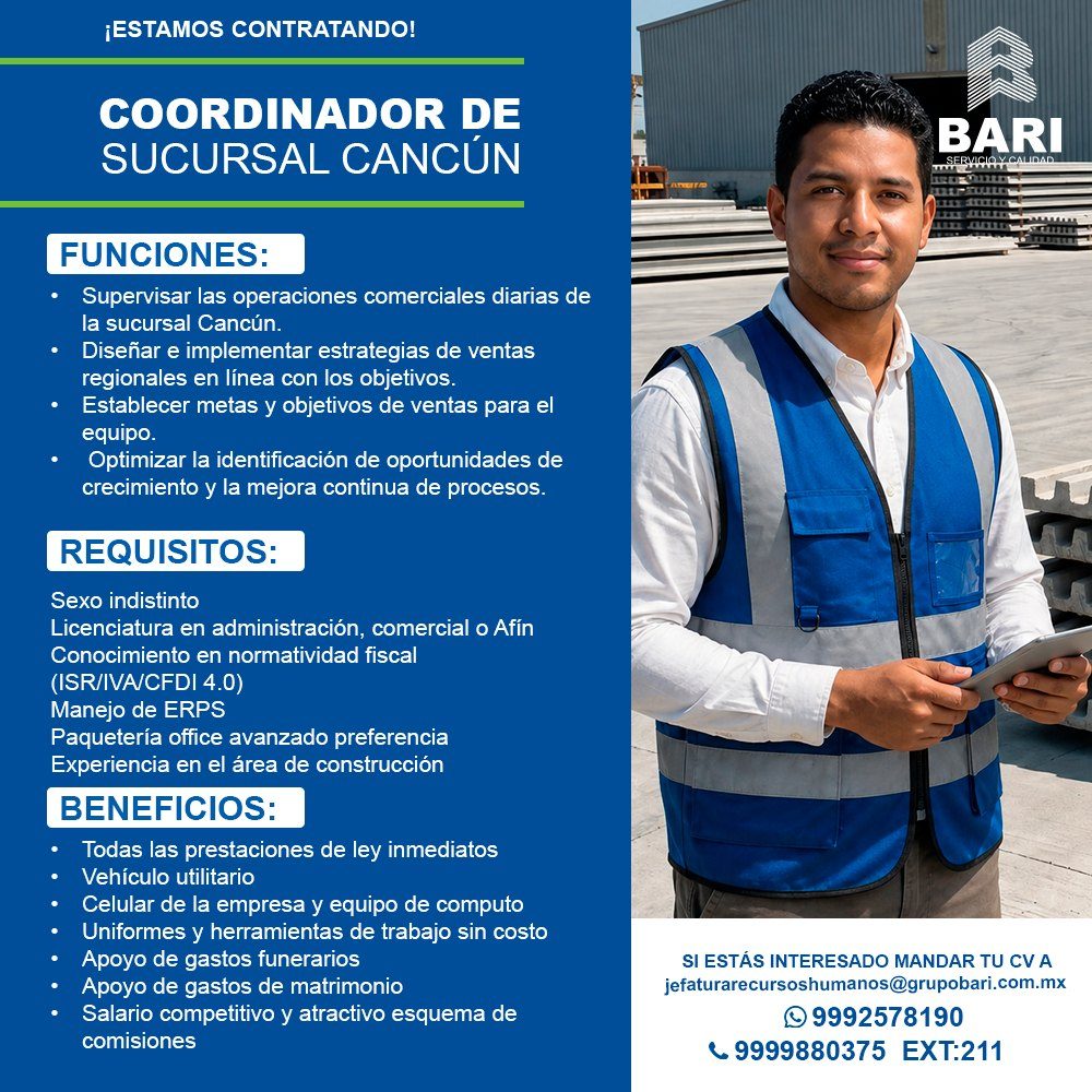 Banner del anuncio de la vacante: ¡ESTAMOS CONTRATANDO! · COORDINADOR DE · SUCURSAL CANCÚN · BARI · SERVICIO · Y CALIDAD. · FUNCIONES: · • Supervisar las operaciones comercia