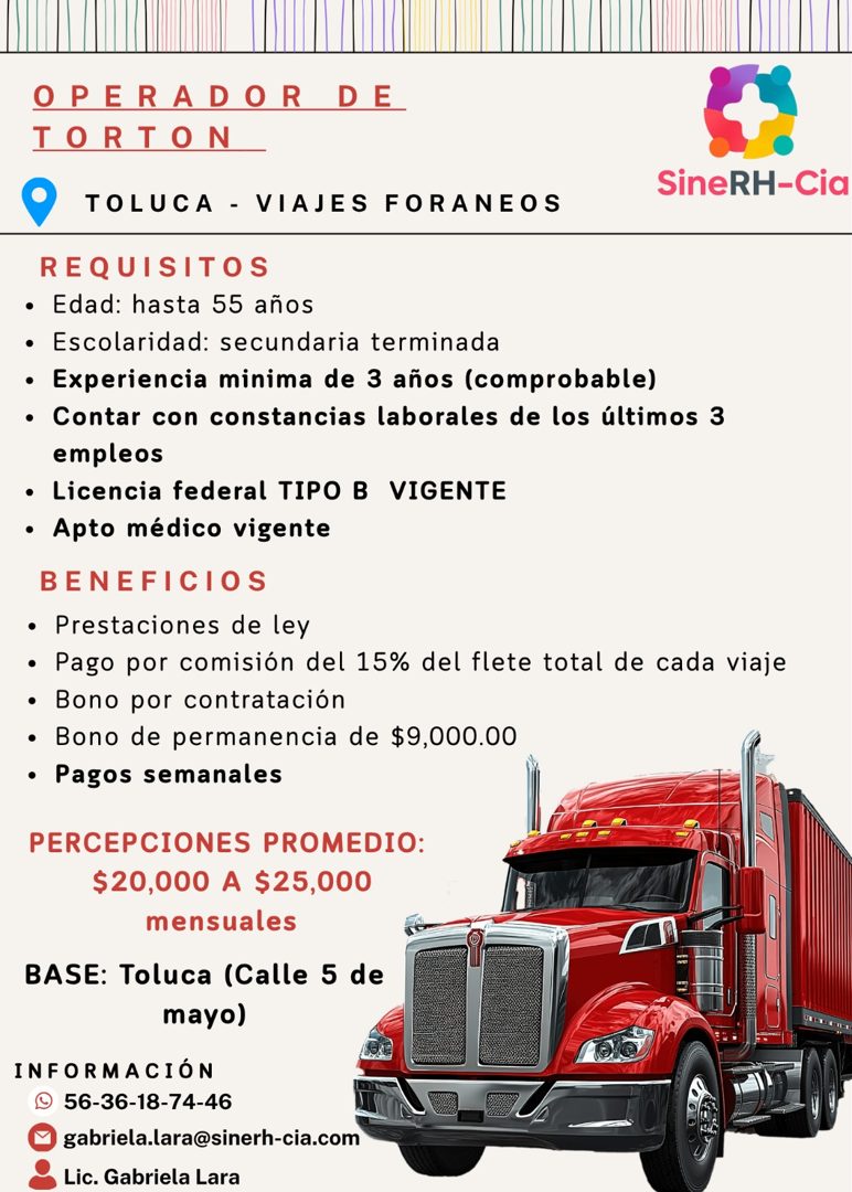 Banner del anuncio de la vacante: OPERADOR DE · TORTON · SineRH-Cia · TOLUCA - VIAJES FORANEOS · REQUISITOS · • Edad: hasta 55 años · • Escolaridad: secundaria terminada · • 