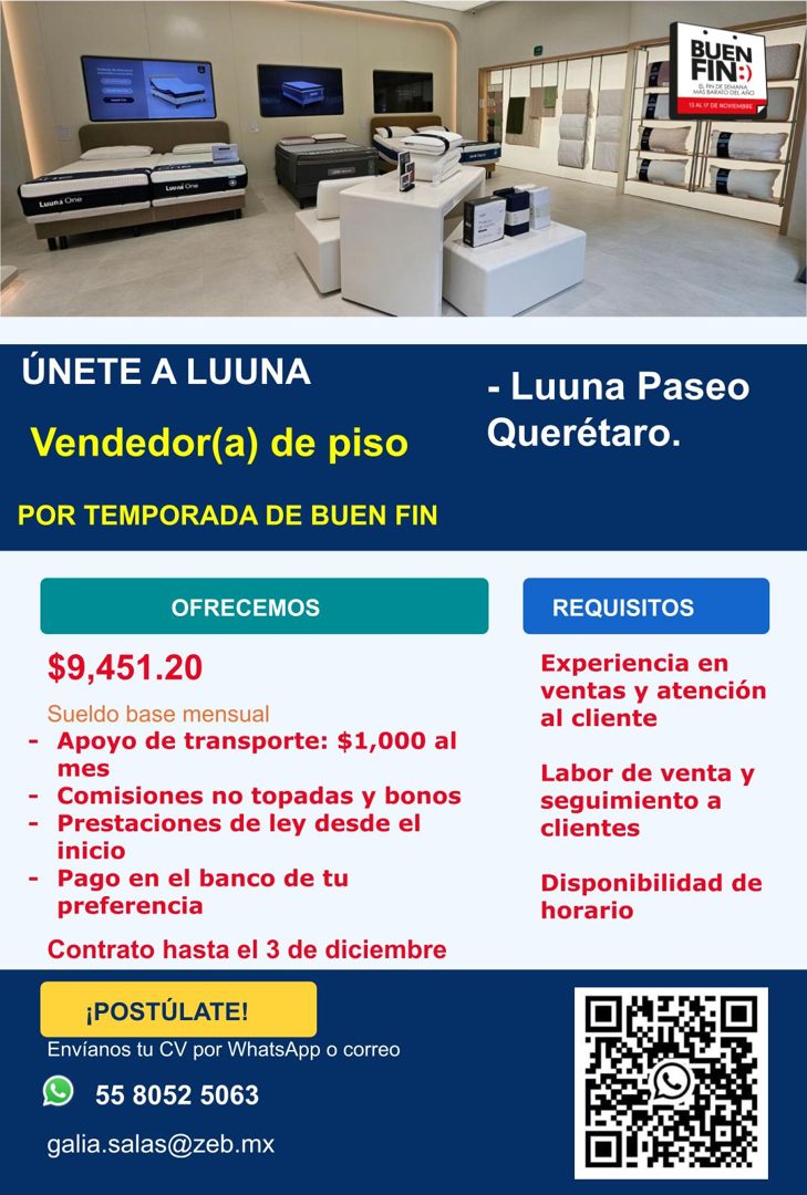Banner del anuncio de la vacante: Luvna Ono · Luuna One · ÚNETE A LUUNA · Vendedor(a) de piso · POR TEMPORADA DE BUEN FIN · OFRECEMOS · $9,451.20 · Sueldo base mensual · - Ap