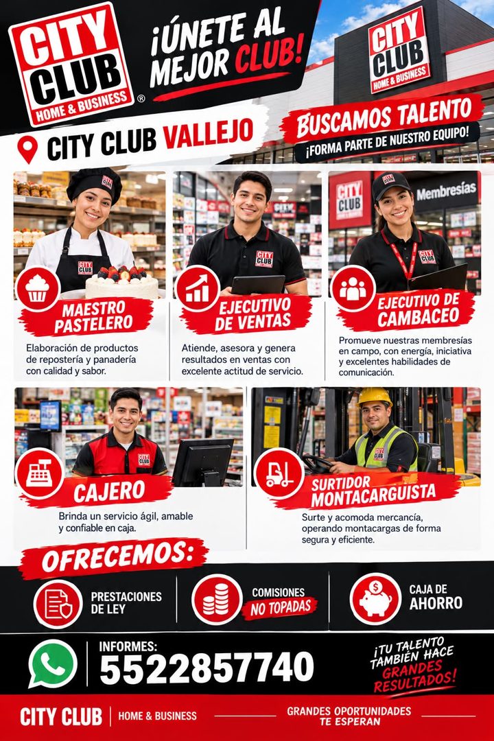 Banner del anuncio de la vacante: AITY · ¡ÚNETE AL · CLUB · MEJOR CLUB! · HOME & BUSINESS · O CITY CLUB VALLEJO · CILL · CLUB · HOME & BUSINESS · BUSCAMOS TALENTO · ¡FORMA PA